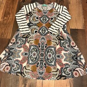 Filly Flair Multicolor Patterned Dress with Striped Sleeves